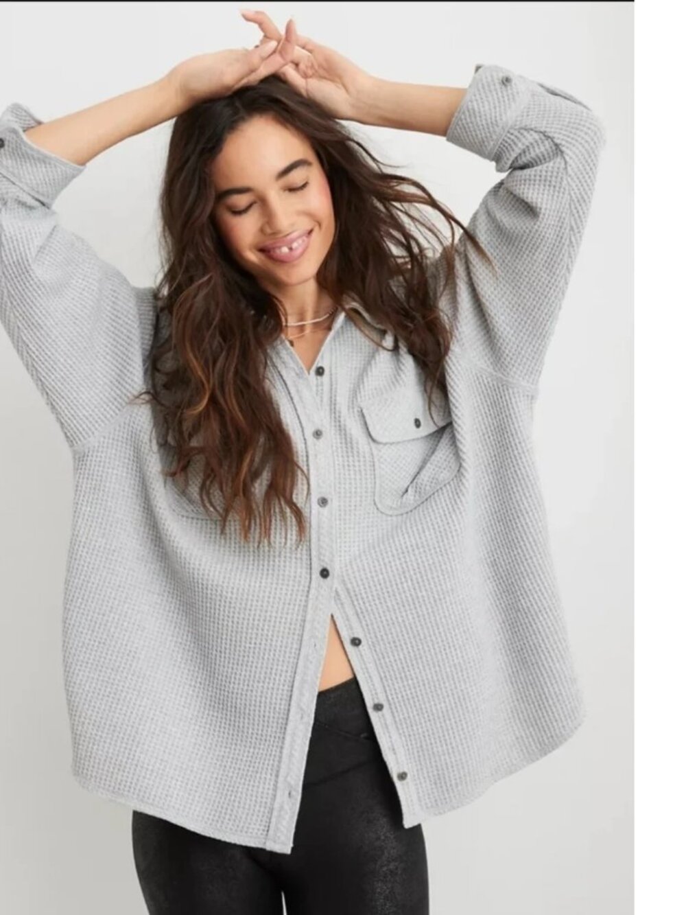 NWT AERIE Gray Waffle Button-Up Shirt Lumberjane NWT!
